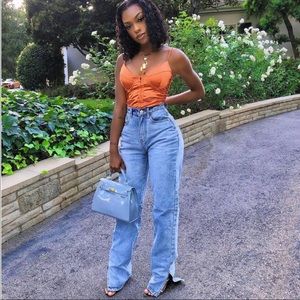 High waist hem side slight jeans